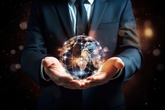 Close up of businessman holding in palms glowing earth globe. Elements of this image are furnished by NASA, Businessman holding global network connection in his hands. 3D rendering, AI Generated