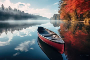 Foto op Canvas Red canoe on the lake in the autumn forest. Beautiful landscape. canoe on lake, AI Generated © Ifti Digital