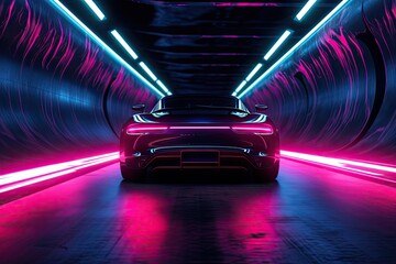 3D rendering of a sports car in a tunnel with neon lights, Car in a tunnel with neon lighting, front view, AI Generated