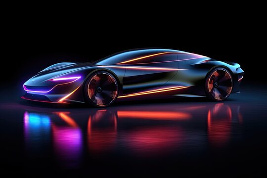 Sport car on a dark background. 3D rendering. Neon lights. Car with neon lights on a dark background, side view. Sports car, futuristic autonomous vehicle. HUD car, AI Generated