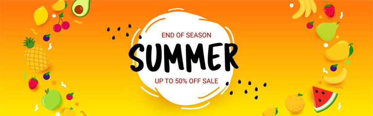 Bright summer background with fruits. Summer end of season. Up to 50 sale.