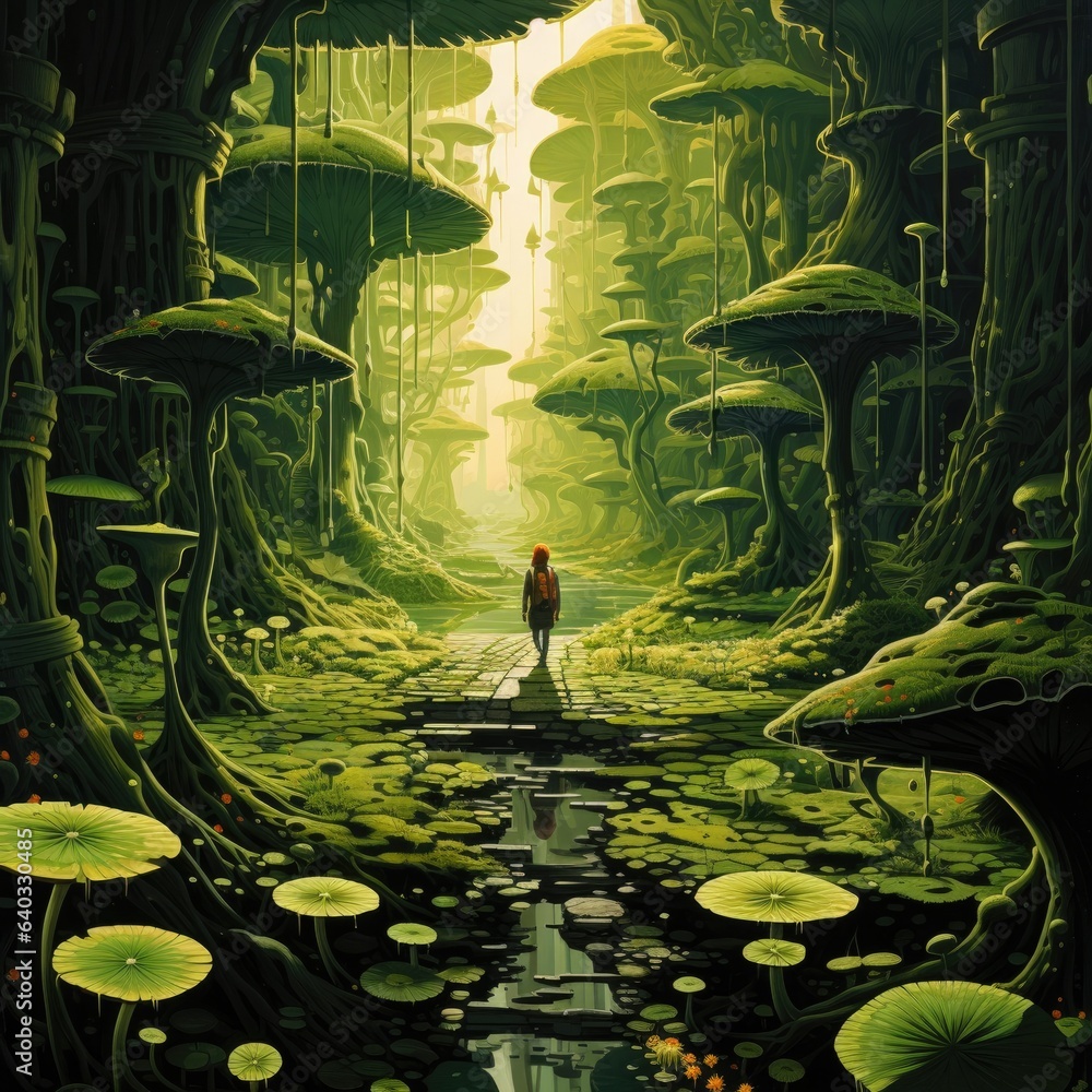 Aufkleber a man standing on a bridge in the middle of a mushroom forest. generative ai.