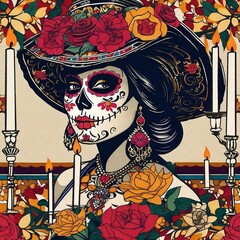 Skull Girl with Day of the Dead Makeup, Traditional Mexican Halloween, Day of the Dead.
