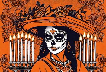 Skull Girl with Day of the Dead Makeup, Traditional Mexican Halloween, Day of the Dead.
