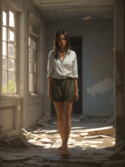 A beautiful asia girl in an abandoned building. generative ai