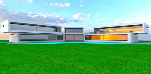 Fototapeta premium Large well-groomed lawn in front of the private modern estate with white facade. Reflection of the sun behind the clouds in huge windows. 3d rendering.