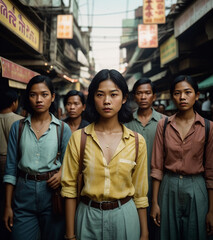 Fototapeta premium A group of young Thai people on the streets of Thailand. Generative AI.