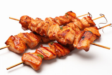 Tasty fried or grilled chicken skewer on wooden sticks isolated on white background.generative ai
