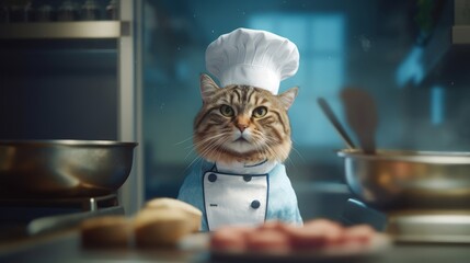 Cute cat in chef hat and apron cooking in the kitchen