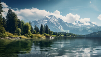 Obraz premium Beautiful view of the mountains behind the lake