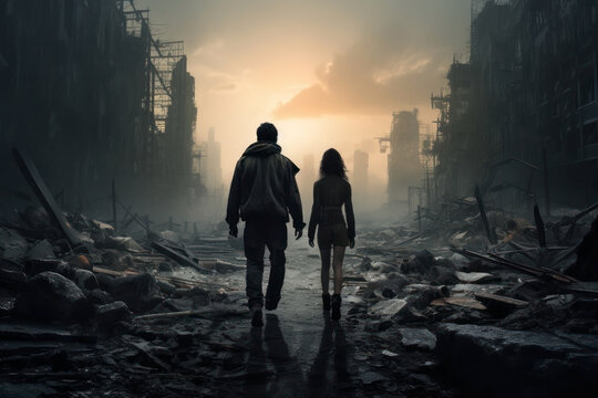 Man And Woman Walking Away. Teen Couple. Post Apocalyptic City Street With Destroyed Buildings.