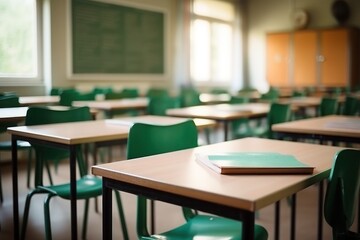 Row of empty school desks in high school classroom.