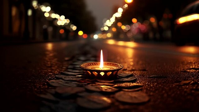Loop video. 30 seconds. A single burning candle. Diwali, the Hindu festival of lights. Moving flame and lights in the background.