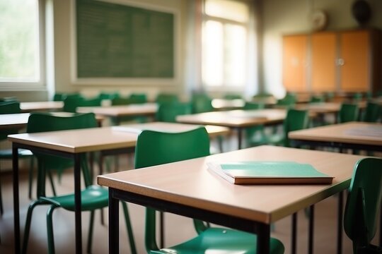 Row of empty school desks in high school classroom.