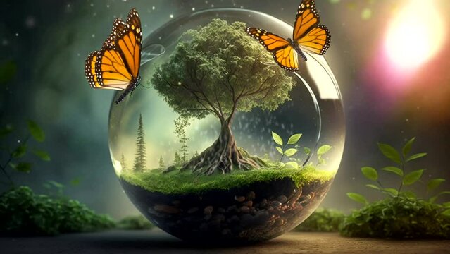 Loop video. 30 seconds. environmental protection concept. A small natural ecosystem enclosed in a glass ball. Animated butterfly, rain, light