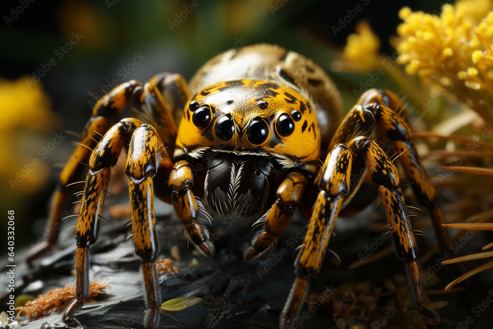 Poster a yellow and orange spider sitting on his web generative ai technology.