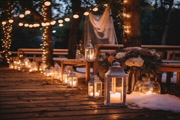 Luxurious wedding decor elements for outdoor night ceremony. Cozy romantic atmosphere with flowers, street lights and garlands.
