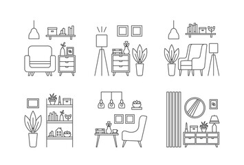 Set icons, interior design concept. Living room interior. Vector line illustration on white background