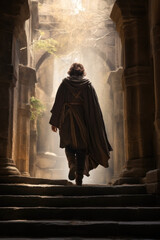 young mysterious medieval peasant man walking down a dark Gothic stone alley. 