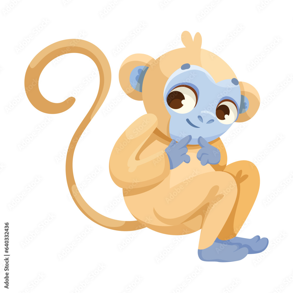 Poster cheerful monkey character with prehensile tail sitting and smiling vector illustration