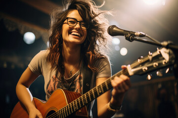 Obraz premium photograph of Smiling female musician wearing glasses. wide angle lens realistic lighting generative ai