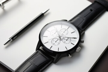 A beautiful luxury expensive men's watch with a white dial lying on a white background next to a pen.generative ai
