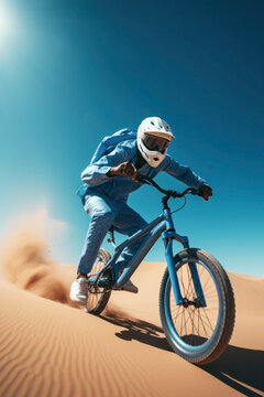 man performing stunts on a bike. desert landscape. © ana