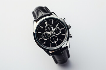Beautiful luxury expensive men's silver watch with black dial and black leather strap isolated on white background, top view.generative ai
