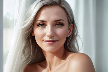 Naklejka premium Portrait of a beautiful woman near window in a bedroom. Generative AI.