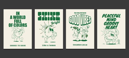 groovy posters 70s, retro posters with funny cartoon characters, vector illustration - obrazy, fototapety, plakaty