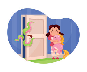 Childhood Fear with Little Girl Character Afraid of Monster with Tentacles Open Door Vector Illustration