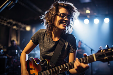Obraz premium photograph of Smiling female musician wearing glasses. wide angle lens realistic lighting generative ai