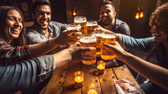 Group of people enjoying and toasting a beer in brewery pub