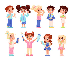 Children Brushing Their Teeth Engaged in Dental Care Vector Set