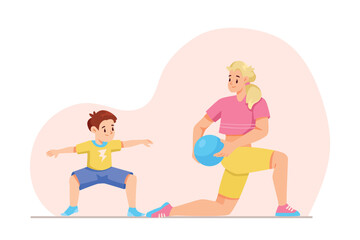 Happy Mom with Son Doing Sport Activity Stretching Body Vector Illustration