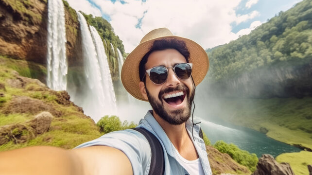 Handsome tourist visiting national park taking selfie picture in front of waterfall