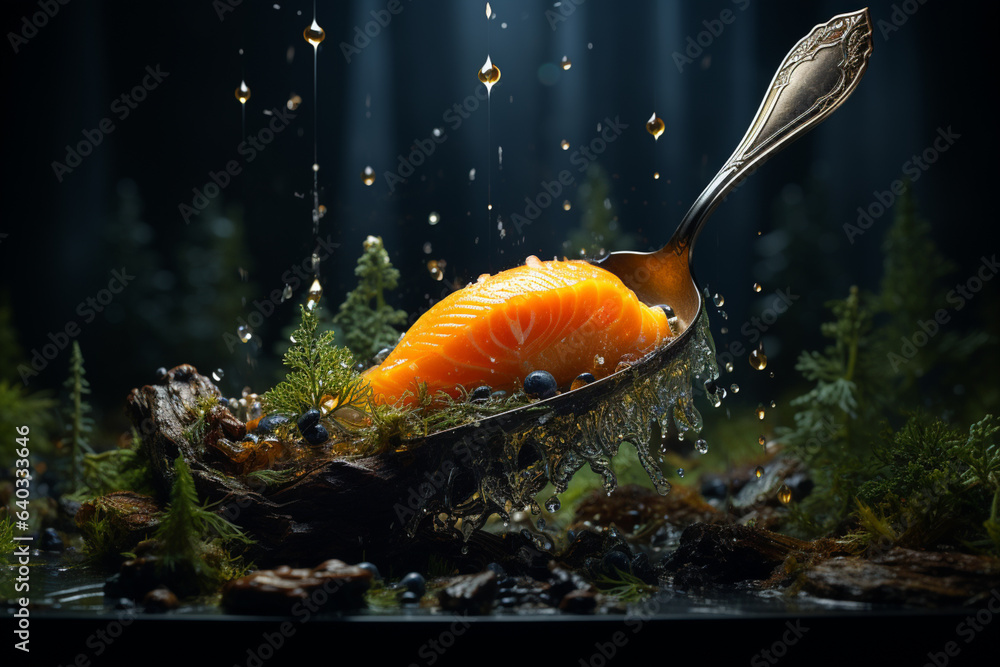 Poster spoon with orange fish fillet on dark background  Generative AI technology.