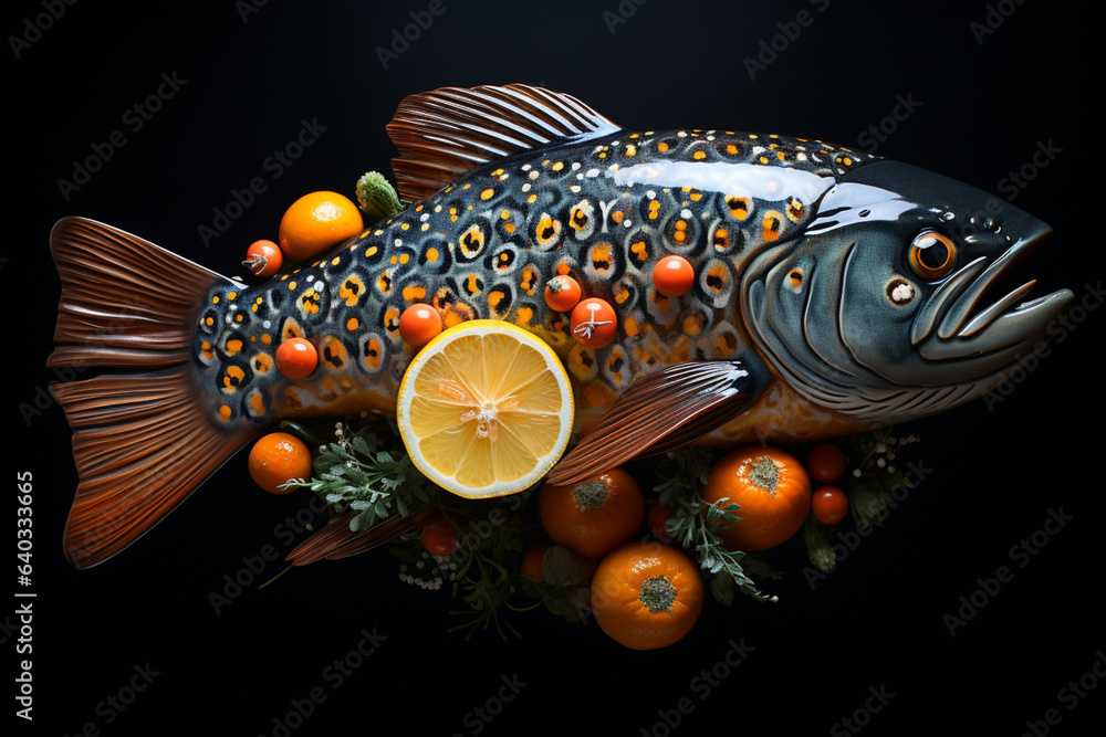Poster spoon with orange fish fillet on dark background  Generative AI technology.