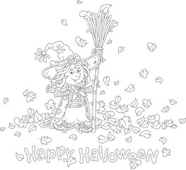 Halloween card with a happy little witch in her wide-brimmed hat holding a magical flying broom among autumn leaves whirling around, black and white vector cartoon illustration