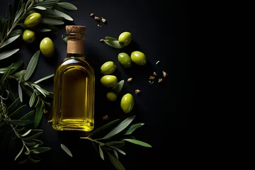 Gordijnen A bottle of fresh olive oil on a beautiful dark background with olives and green leaves next to it, top view with space for text, inscriptions or logos.generative ai  © Ivan