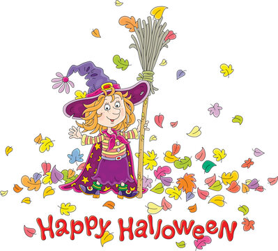 Halloween card with a happy little witch in her wide-brimmed hat holding a magical flying broom among colorful autumn leaves whirling around, vector cartoon illustration on a white background
