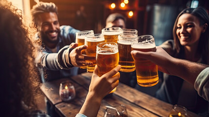Group of people enjoying and toasting a beer in brewery pub generative ai