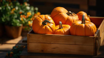 Beautiful background with pumpkins in a wooden crate.generative ai
