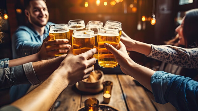 Group of people enjoying and toasting a beer in brewery pub generative ai