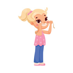 Little Girl Brushing Her Teeth with Floss Engaged in Dental Care Vector Illustration