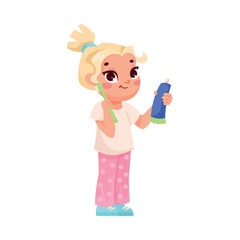 Little Girl Brushing Her Teeth with Toothbrush and Toothpaste Engaged in Dental Care Vector Illustration