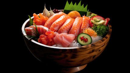 chirashi bowl, a medley of sashimi pieces artfully arranged over seasoned sushi rice,generative ai