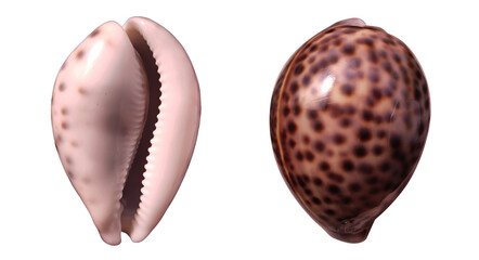 Tiger cowrie shell isolated on transparent background. Close up top view shot of spotted Cypraea...