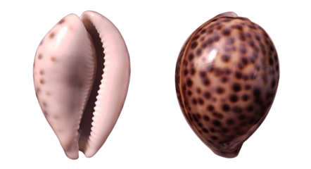 Tiger cowrie shell isolated on transparent background. Close up top view shot of spotted Cypraea tigris.