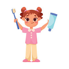 Little Girl Brushing Her Teeth with Toothbrush and Toothpaste Engaged in Dental Care Vector Illustration